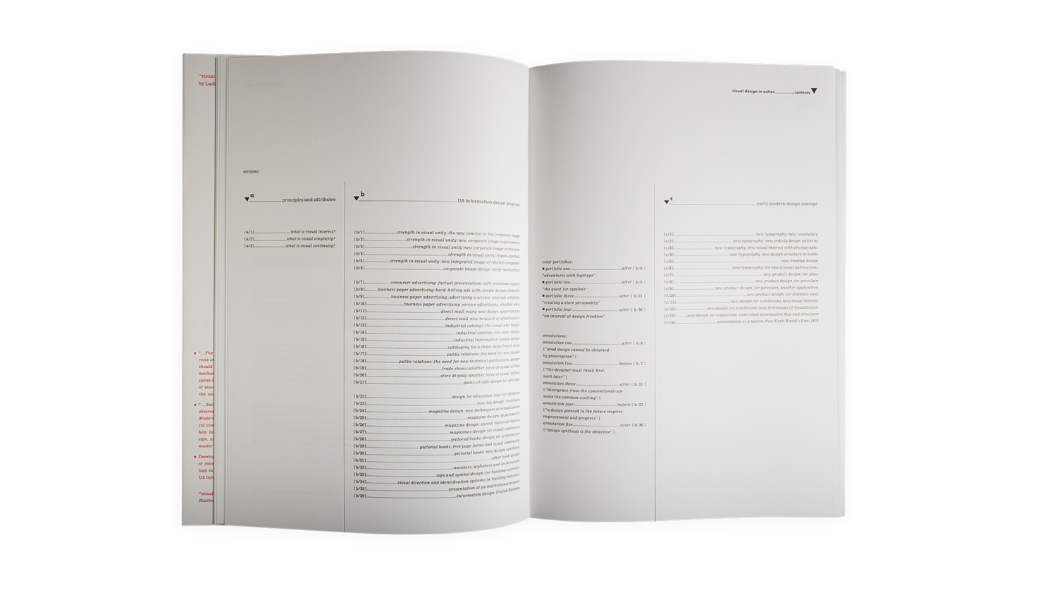 Sutnar’s table of contents uses a system of letters and numbers, rather than pages.
